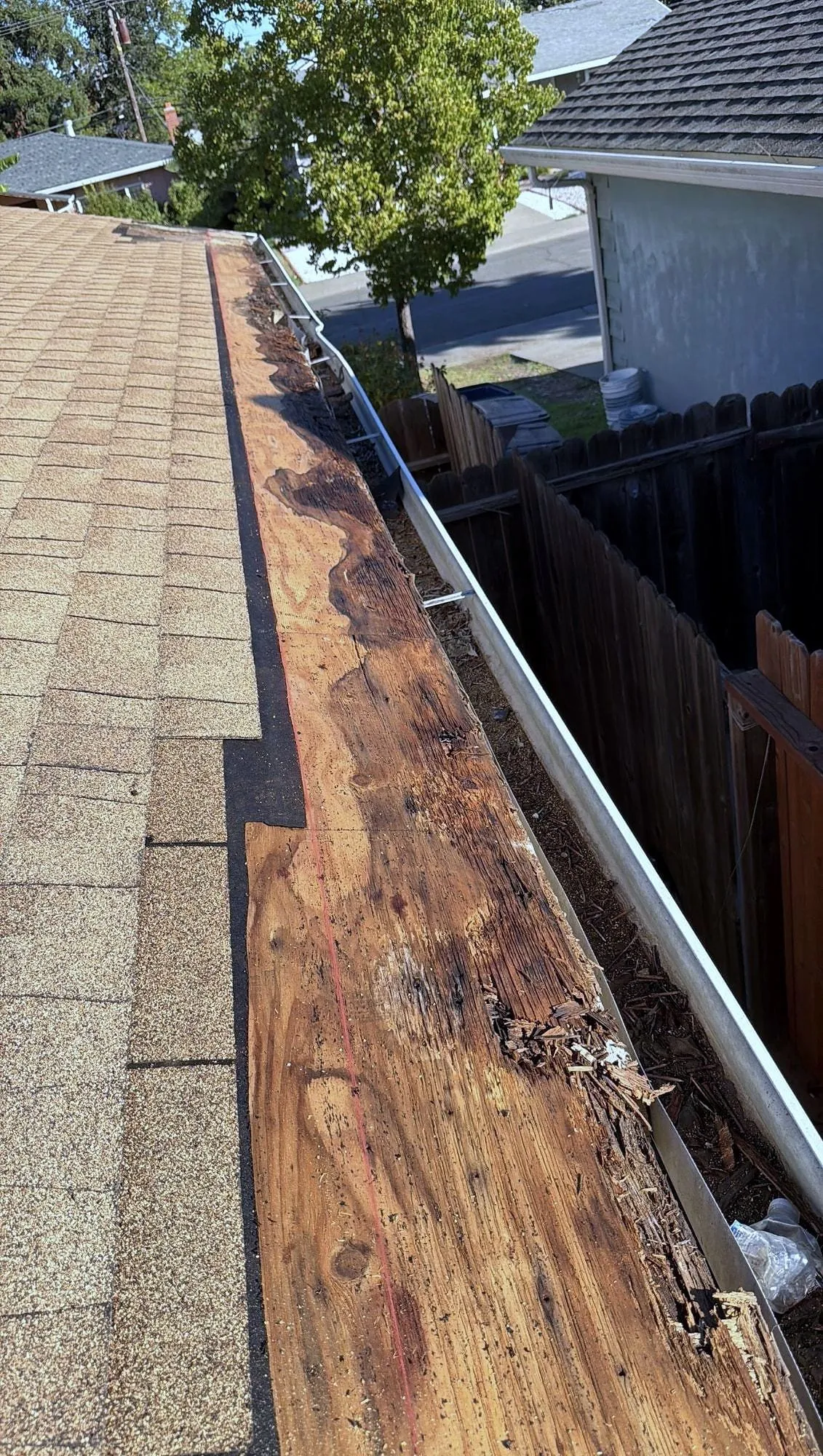 Roof edge with the rotted timber under the gutter line exposed for replacement